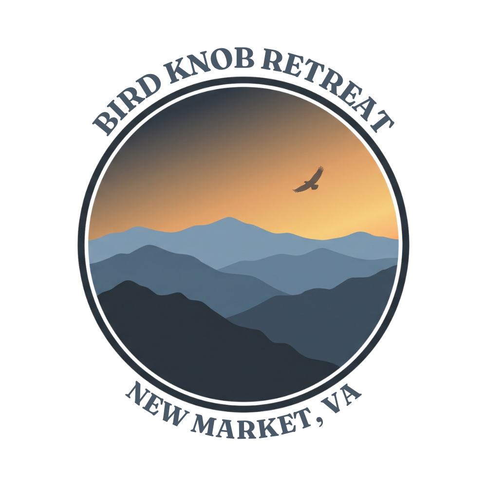 Bird Knob Retreat logo: a mountain ridgeline at sunset with a soaring bird