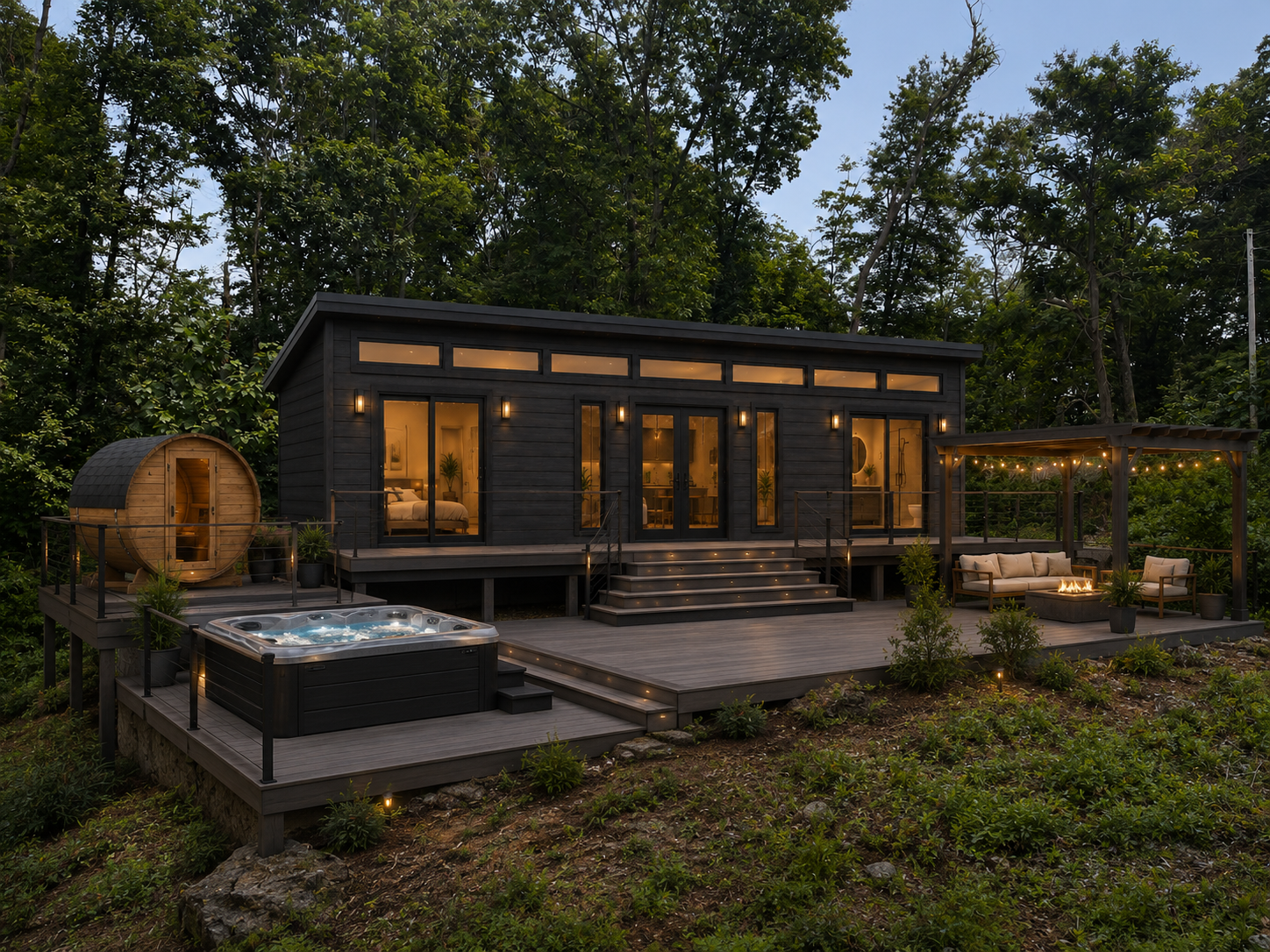 Architectural rendering of the black-clad Bird Knob Retreat cabin at dusk with hot tub, barrel sauna and string-lit pergola